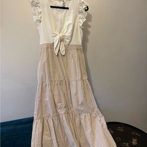 English Factory Gingham Tie Midi Tiered Dress